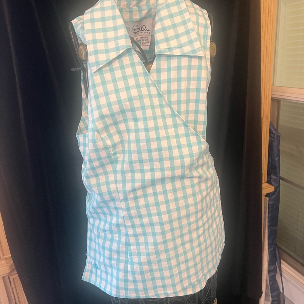 Lilly Pulitzer Mint and White Gingham Wrap-Style Sleeveless Top